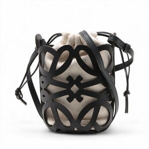 Loewe Anagram Cutout Pocket Leather Canvas Shoulder Bag Black